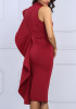 Burgundy Ruffle Slit Band Collar Sleeveless Bodycon Banquet Elegant Party Midi Dress Burgundy Ruffle Slit Band Collar Sleeveless Bodycon Banquet Elegant Party Midi Dress