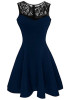 Navy Blue Patchwork Lace Pleated Bodycon Round Neck Party Midi Dress