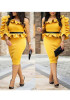 Yellow Ruffle Oblique Shoulder Peplum Falbala Bodycon Prom Evening Party Midi Dress