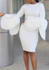 White Ruffle Petal Sleeve Round Neck Elegant Bodycon Prom Evening Party Midi Dress
