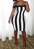 White-Black Striped Spaghetti Strap Boat Neck Off Shoulder Bodycon Midi Dress
