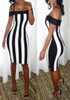 White-Black Striped Spaghetti Strap Boat Neck Off Shoulder Bodycon Midi Dress