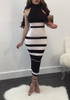 Black White Striped Halter Neck Bodycon Fashion Midi Dress