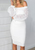 White Patchwork Grenadine Boat Neck Off Shoulder Zipper Bodycon Midi Dress White Patchwork Grenadine Boat Neck Off Shoulder Zipper Bodycon Midi Dress