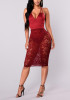 Burgundy Patchwork Sheer Lace Tie Back Backless Bodycon Deep V-neck Party Midi Dress Burgundy Patchwork Sheer Lace Tie Back Backless Bodycon Deep V-neck Party Midi Dress