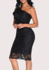 Black Ruffle Lace Asymmetric Shoulder Bodycon Backless Party Midi Dress