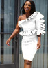 White Ruffle Asymmetric Shoulder Peplum High Waisted Bodycon Falbala Church Elegant Midi Dress