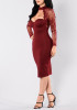 Red Patchwork Lace Hollow-out Cut Out See-through Halter Neck Bodycon Midi Dress