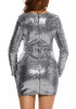 Casual Silver Plain Sequin Pleated V-neck Bodycon NYE Party Ruched Mini Dress