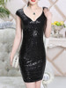 Casual Deep V-Neck Slit Back Hole Glitter Plain Mini Bodycon Dress