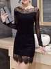 Casual Asymmetric Neck Decorative Lace Hollow Out Plain Bodycon Dress