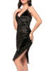 Casual Spaghetti Strap Decorative Lace Side Slit Plain Velvet Bodycon Dress