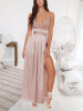 New Apricot Patchwork Sequin Cross Back Deep V-neck Sparkly Prom Evening Party Maxi Dress