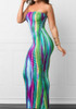 Green Colorful Bandeau Off Shoulder Backless Tie Dye Homecoming Party Maxi Dress