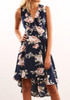 Purplish Blue Flowers Print Swallowtail Draped V-neck Casual Maxi Dress