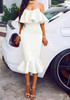 White Plain Ruffle Boat Neck Elbow Sleeve Maxi Dress