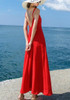 Red Draped Buttons Spaghetti Strap Backless V-neck Bohemian Maxi Dress