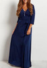 Navy Blue Draped Sashes V-neck 3/4 Sleeve Elegant Prom Evening Party Maxi Dress