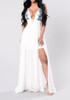White Embroidery Pleated Backless Side Slit Prom Evening Party Maxi Dress