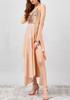 Light Pink Sequin Draped Irregular Spaghetti Strap Backless V-neck Flowy Party Maxi Dress