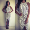 White-Black Striped Print Irregular High-Low Swallowtail Ruched Las Vegas Maxi Dress