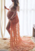 Pink Patchwork Lace Slit Off Shoulder High Waisted Maternity Babyshower Elegant Maxi Dress