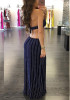 Blue Striped Cut Out V-neck Fashion Maxi Dress