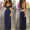 Blue Striped Cut Out V-neck Fashion Maxi Dress