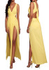 Yellow Plain Tie Back Side Slit Backless Chiffon Maxi Dress