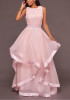 Pink Patchwork Lace Irregular Grenadine Zipper Homecoming Party Maxi Dress For Wedding