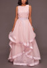 Pink Patchwork Lace Irregular Grenadine Zipper Homecoming Party Maxi Dress For Wedding