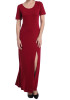 Red Draped Side Slit Round Neck Short Sleeve Maxi Dress
