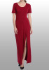 Red Draped Side Slit Round Neck Short Sleeve Maxi Dress