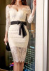 White Patchwork Lace Bow Backless Slit V-neck 3/4 Sleeve Midi Dress