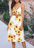 White Sunflower Print Cut Out Spaghetti Strap Bowknot Country Bohemian Party Midi Dress