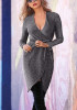 Grey Plain Irregular Sashes Plunging Neckline Fashion Midi Dress