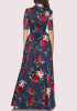 Dark Blue Flowers Belt Single Breasted Draped Turndown Collar Maxi Dress