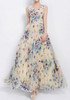Beige Butterfly Print Sleeveless Bohemian Chiffon Maxi Dress