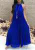 Royal Blue Pleated Tie Back Sleeveless Halter Neck A-line Bohemian Maxi Dress