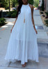 White Pleated Tie Back Sleeveless Halter Neck A-line Bohemian Maxi Dress