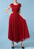 Red Patchwork Lace Draped Short Sleeve Elegant Chiffon Maxi Dress
