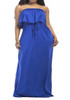 Sapphire Blue Bandeau Drawstring Ruffle Off Shoulder Plus Size Bohemian Maxi Dress
