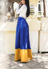 Navy Blue Patchwork Print Belt Turndown Collar Fashion Maxi Dress