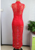 Casual Red Patchwork Lace Hollow-out Zipper High Neck Maxi Dress