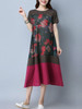 Casual Round Neck Patchwork Decorative Button Color Block Printed Linen Maxi Dress
