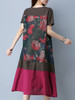 Casual Round Neck Patchwork Decorative Button Color Block Printed Linen Maxi Dress
