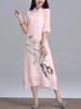 Casual Band Collar Side Slit Decorative Button Printed Loose Maxi Dress