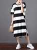 Casual Round Neck Side Slit Striped Loose Maxi Dress