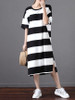 Casual Round Neck Side Slit Striped Loose Maxi Dress