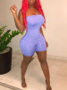 New Purple Mosaic Rhinestone Glitter Bandeau Off Shoulder Backless Sparkly Clubwear Short Jumpsuit